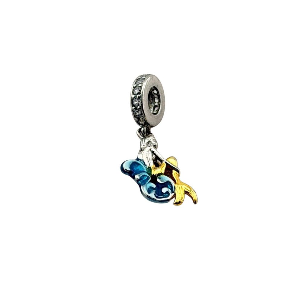 925 Silver Mermaid Enamel CZ Dangle Charm fits Euro or Moments Bracelet